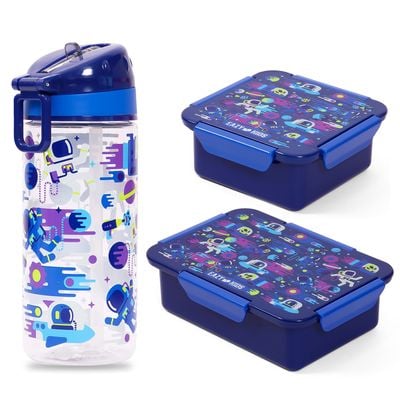 Eazy Kids Lunch Box Set and Tritan Water Bottle w / Carry handle, Astronauts - Blue, 420ml